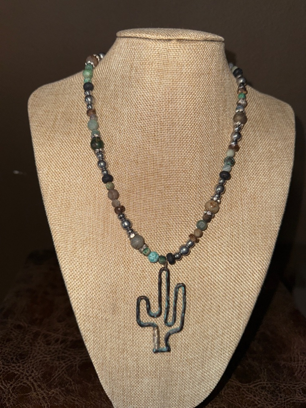 Beaded Turquoise & Silver Cactus Pendant Necklace - Women Jewelry